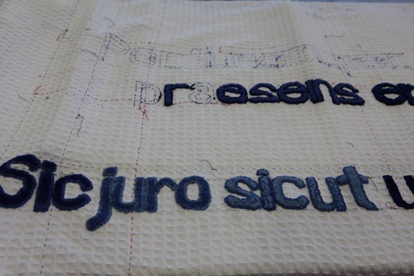 Abigail O’Brien: Sic Juro, machine- and hand-embroidered hospital blanket (detail of work in progress), 165 x 230cm
